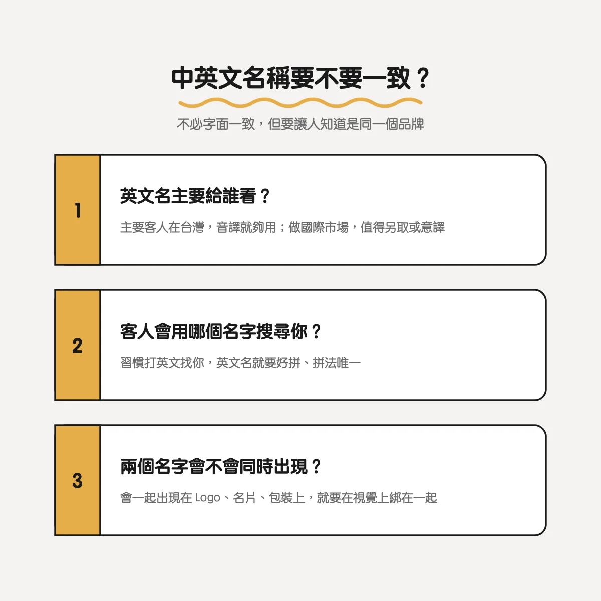 品牌英文名怎麼取?中英文名稱要不要一致,音譯、意譯與縮寫怎麼選 3 中英文名稱不必字面一致,但要讓人知道是同一個品牌:看英文名主要給誰看、客人用哪個名字搜尋、兩個名字會不會同時出現