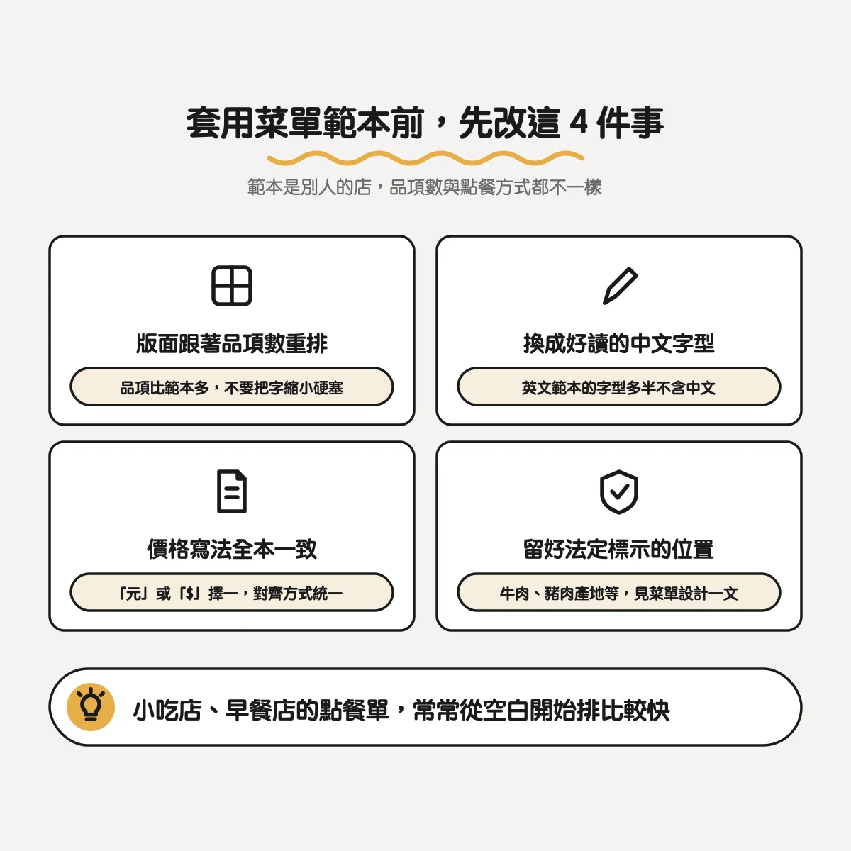 菜單設計 App 與免費範本怎麼選?Canva、Adobe Express、Word 比較,以及什麼時候該找設計公司 3 套用菜單範本前要改的 4 件事:版面跟著品項數重排、換成中文字型、價格寫法一致、留好法定標示的位置
