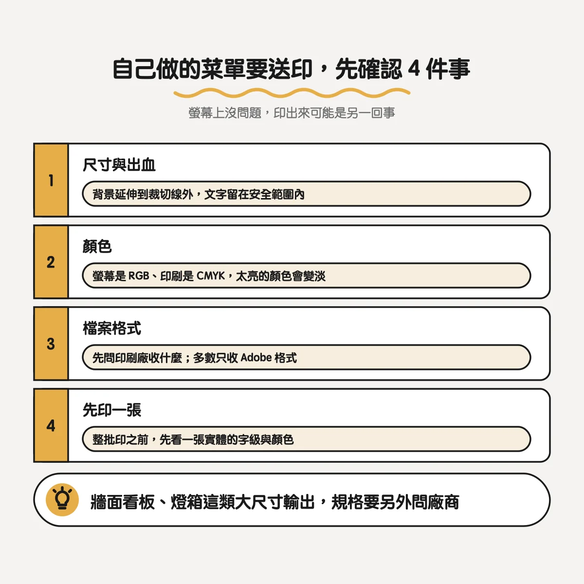 菜單設計 App 與免費範本怎麼選?Canva、Adobe Express、Word 比較,以及什麼時候該找設計公司 4 自己做的菜單送印前確認 4 件事:尺寸與出血、顏色、檔案格式、先印一張樣張